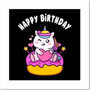 Cute Happy Birthday Unicorn with Cake Kids Girls Posters and Art